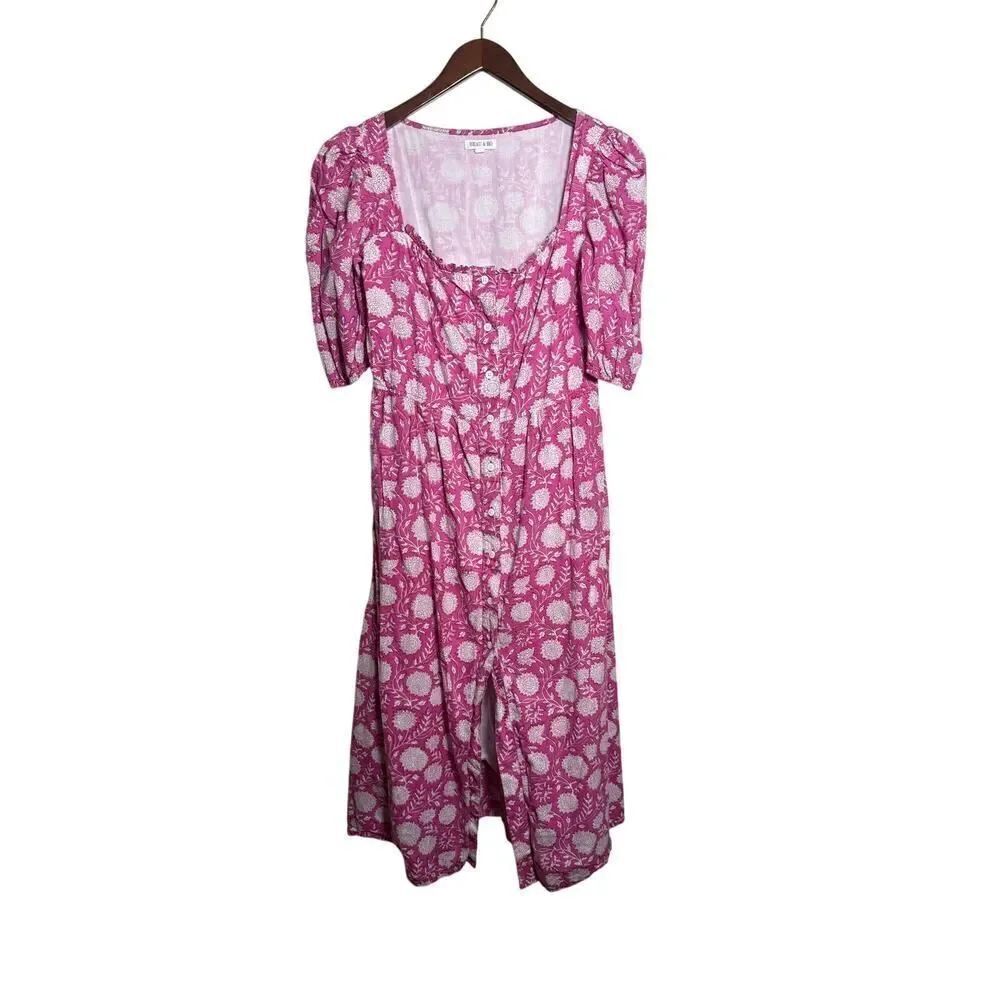 Beau & Ro Pink Block-Print Midi Dress – Women’s Size XS